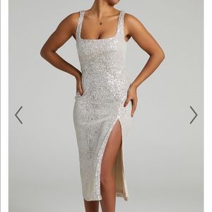 Showpo GLIMMER LOVE SQUARE NECK MIDI DRESS IN GOLD SEQUIN